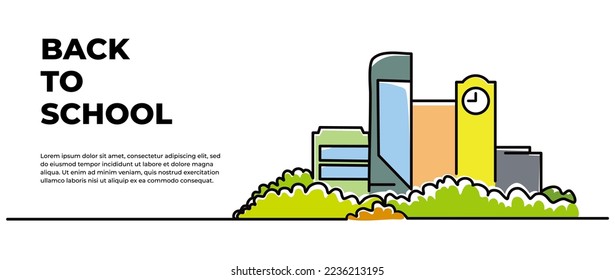 Vector illustration of a view of a building with a park in front of it. School and office design concept. Modern flat in continuous line style.