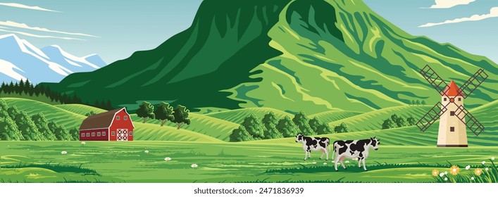 Ilustración vectorial de una vista de una granja de ganado en el campo con hermosas montañas