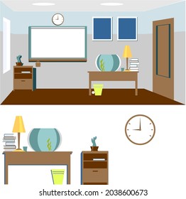 Vector illustration with a view of a classroom with a teacher's table, a blackboard, a clock on the wall and more.