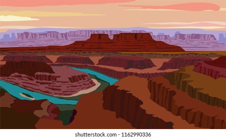 Ilustración vectorial con vistas al río Colorado y al Parque Nacional Canyonlands desde el Parque Estatal Dead Horse Point ubicado en el estado de Utah