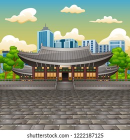 Vector illustration of view the Deoksugung Palace with tall building background