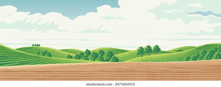 Vektorillustration eines Ausblicks auf ein leeres Feld in einer hügeligen landwirtschaftlichen Fläche