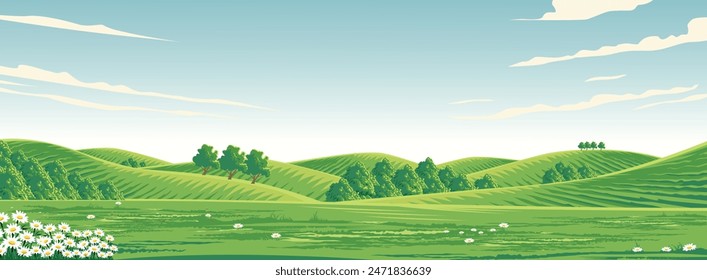 Ilustración vectorial de una vista de un campo de hierba en una zona agrícola montañosa