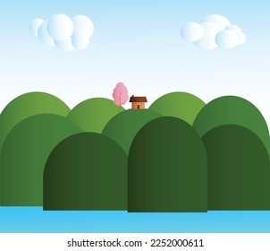 vector illustration of a view of green hills with a house on it