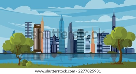 Vector illustration view of high-rise buildings from the river bank in New York. Houses built by the lake. Rest on the shore with grass and trees with clear weather.