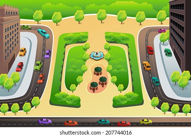 A vector illustration of view of highway and a park from above