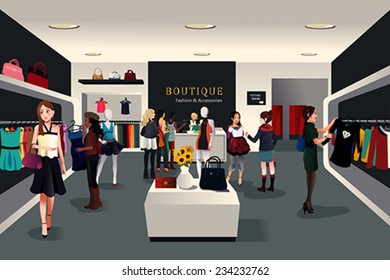 A vector illustration of view inside a trendy clothing store