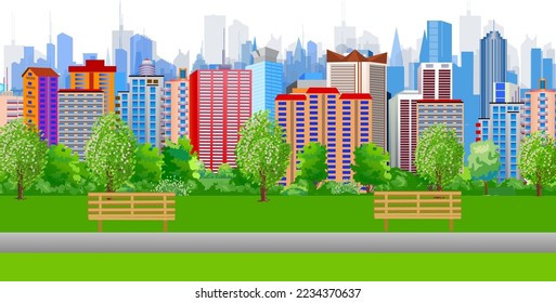 Vector illustration of a view in a modern city with benches in the park. Realistic style with many buildings, flowering trees, and skyline.