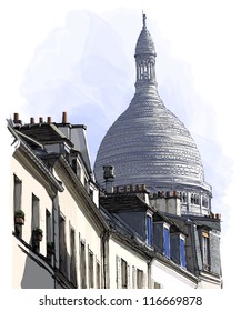 Ilustración vectorial de una vista de Montmartre en París