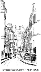 Ilustración vectorial de una vista de Montmartre en París bajo la nieve