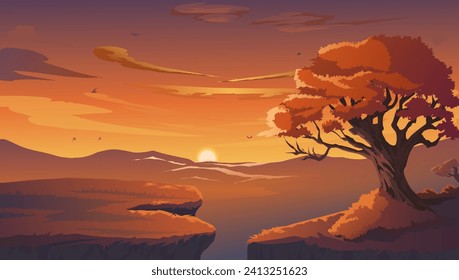 Vector illustration of a view of mountains from a distance and a sunset illuminated by orange light and decorated with beautiful clouds