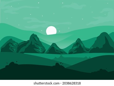 Vector illustration, view of mountains at night with a calm night atmosphere background.