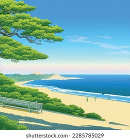 Vector illustration of view of the ocean. Trees in foreground, blue sky, road, people walking.