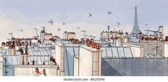 Vector illustration of a view on Paris roofs with Eiffel Tower