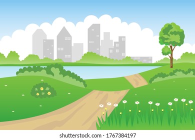 Vector illustration Of view paths and green trees in the garden