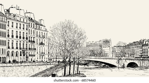 Vektorgrafik eines Ausblicks von Pont St Louis auf Seine und Pont de la Tournelle