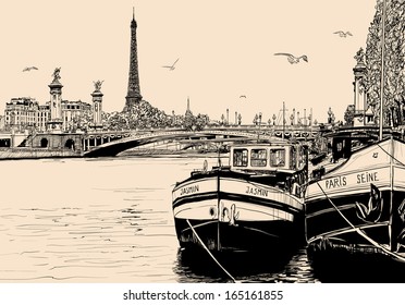 Vektorgrafik eines Ausblicks auf den Wadenfluss in Paris mit Schleppkähnen und Eiffelturm