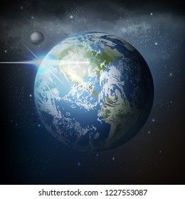 Vector illustration view from space of realistic planet earth with moon in universe with milky way isolated on space background