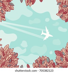 Vector illustration of a view through autumn leaves on a plane in the sky