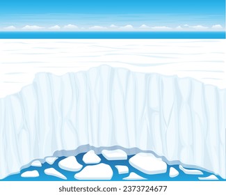 vector illustration of a view of the vast expanse of ice cliffs at the north pole and you can see small pieces of ice floating in the blue sea and there is a blue sky and clouds