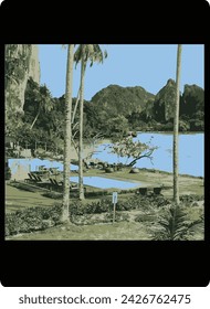 vector illustration of a view of a villa with a swimming pool surrounded by coconut trees