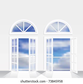 ilustración vectorial de la vista desde la habitación blanca en el cielo nublado