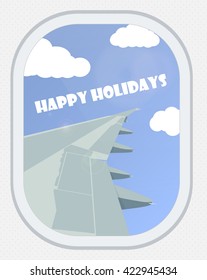 Vector illustration. View from the window of an airliner. Happy holidays.