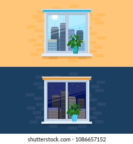 Vector illustration of view from the window to the city day and night. Cityscape outside the window. Day and night concept