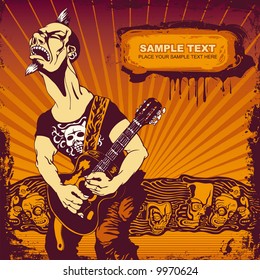 vector illustration with vigorous guitar player in grunge style. 