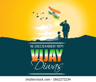 Vector illustration of Vijay Diwas (VICTORY DAY)banner, 16 december 1971, India flag, soldier with rifle and helmet, flying birds, banner template for websites.