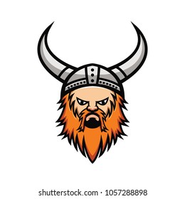 Vector Illustration of Viking with Beard and Mustache in Helmet with Horns, Suitable as Team Mascot