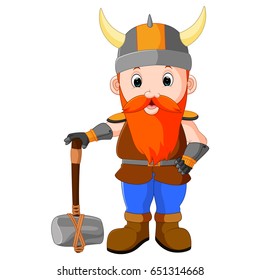 vector illustration of Viking cartoon with a big hammer