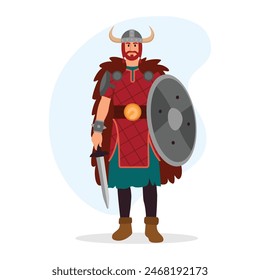 Ilustración vectorial del vikingo. Escena de caricatura de un vikingo barbudo militar con un casco con cuernos, abrigo de piel, cinturón, pantalones, botas, sosteniendo una espada y un escudo. Guerreros-marineros escandinavos.
