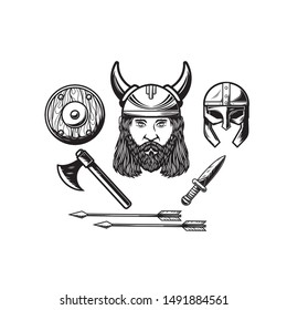 vector illustration viking head pack with  axe, arrow, knife helmet shield