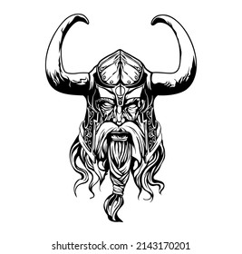 Vector illustration of Viking with Helmet, Armor on the White background. Hand-drawn illustration for mascot sport logo badge label sign poster emblem patch t-shirt printing. Vector Logo