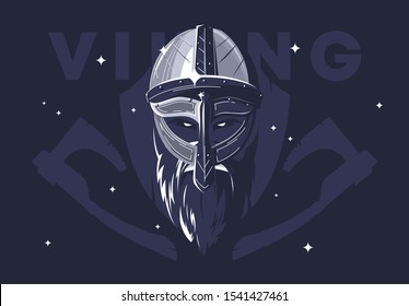 Vector illustration of Viking helmet with beard and Viking face, medieval warrior, silhouette of wooden battle shield and axes