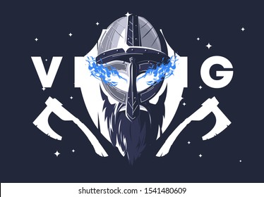 Vector illustration of Viking helmet with beard and Viking face with burning eyes blue fire, medieval warrior silhouette wooden battle shield and axes