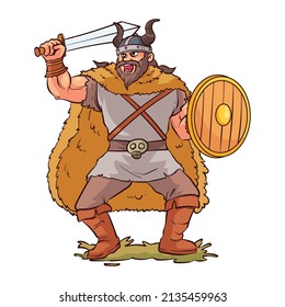 vector illustration of a viking man carrying a sword and shield