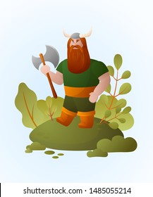 Vector illustration with a viking in the meadow . Man with a red beard in green clothes and an ax in his hands. Scandinavian culture. Cute character.