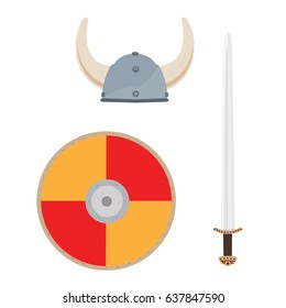 Vector illustration viking medieval hat, sword and orange shield isolated on white background. Scandinavian, norseman weapon and armor icon set, collection