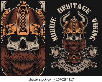 Vector illustration with a viking skull in helmet with mace.  Perfect for shirt prints, logos and many other.