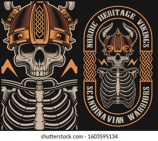 Vector illustration with a viking skull on a dark background. Perfect for shirt prints, logos and many other.
