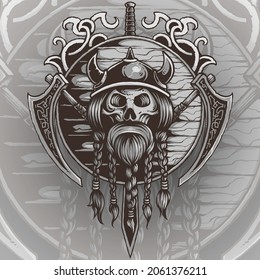 Vector illustration of viking skull with war shield axe weapon
