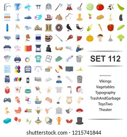 Vector illustration of viking, vegetable, typography, garbage toy theater icon set.
