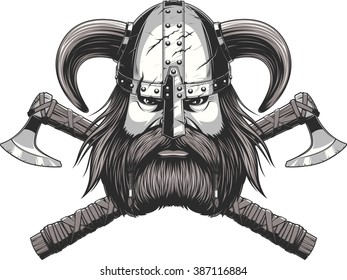 Vector illustration of a Viking warrior head in a helmet on a white background.