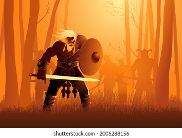 Vector illustration of Viking warriors lurking in the woods