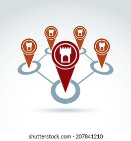 Vector illustration of a village, ancient settlement. Historical monument symbol. Tourist sightseeing route.