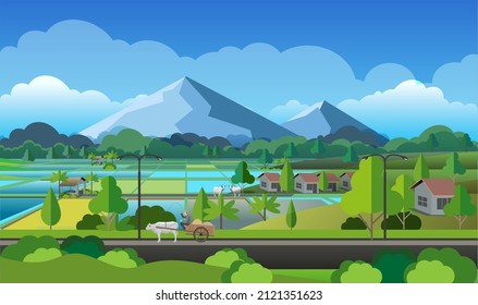 Vector illustration, village atmosphere with views of rice fields and mountains in the distance.