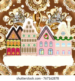 Vector illustration. Village in Christmas, banner on background with snow and snowflakes. Greeting card.