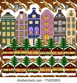 Vector illustration. Village in Christmas, banner on background with snow and snowflakes. Greeting card.